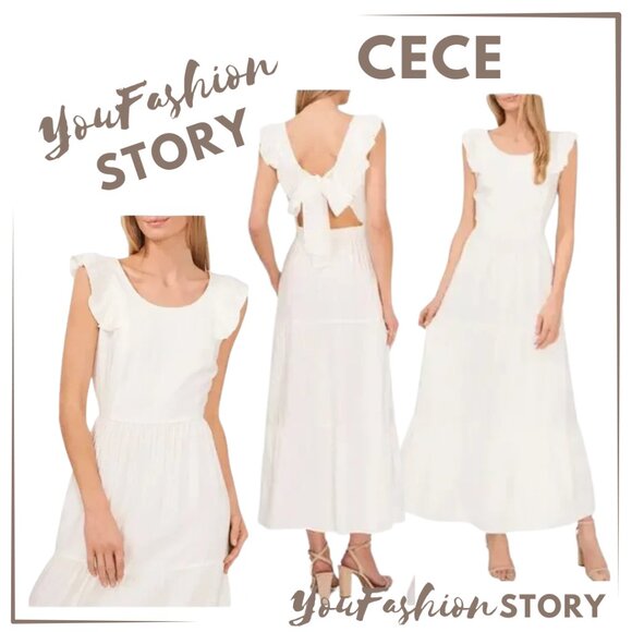 CeCe Teared White Sleeveless summer Dress, rushed straps, open back with bow XL - Picture 1 of 13